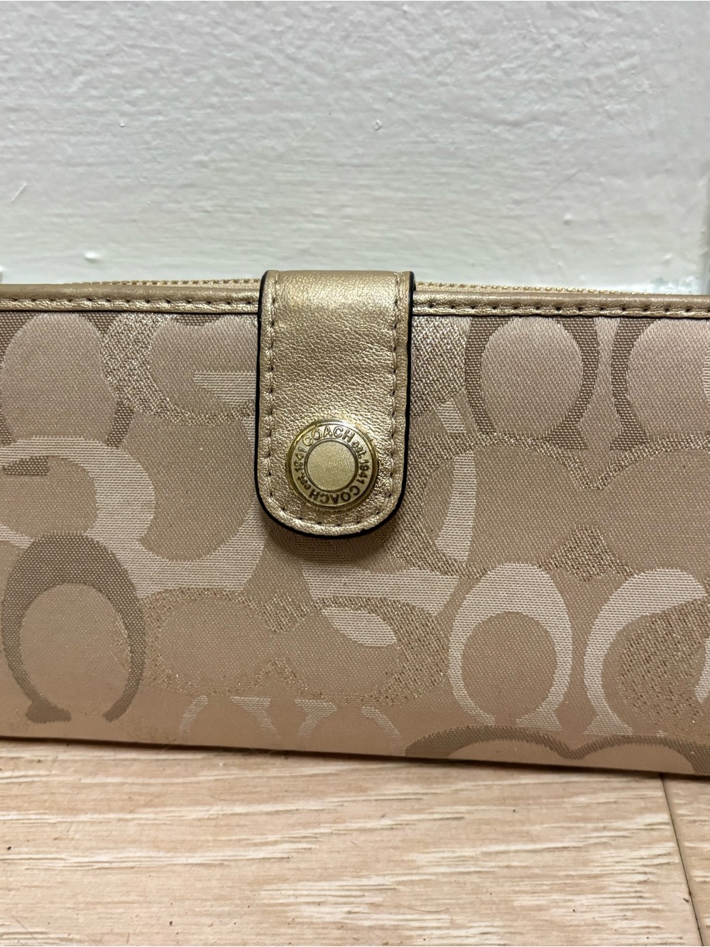 Coach Beige Jacquard Signature Snap Wallet with Gold Trim